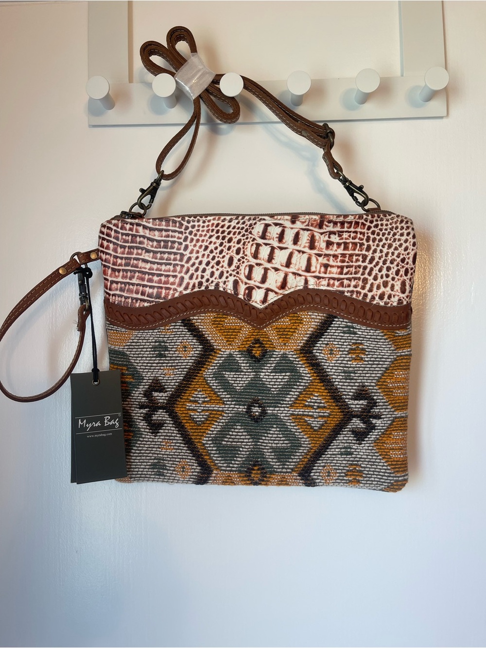 Myra Bag Brown and Mustard Textured Crossbody with Geometric Weave NWT